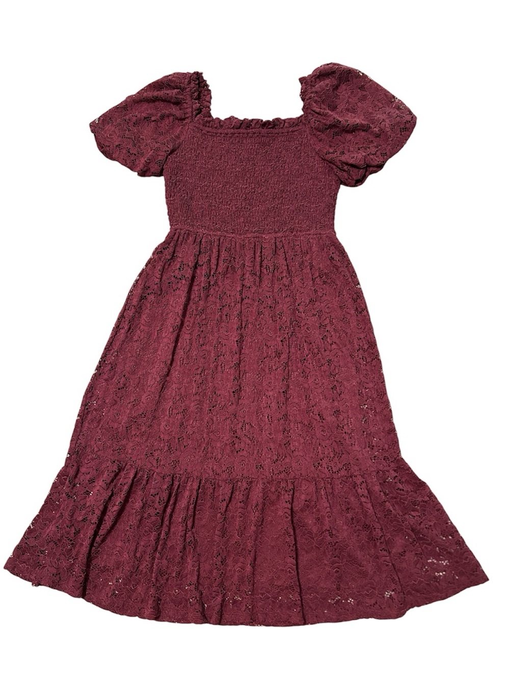 LC Lauren Conrad Burgundy Merlot Smocked Lace Midi Dress with Puff Sleeves -M